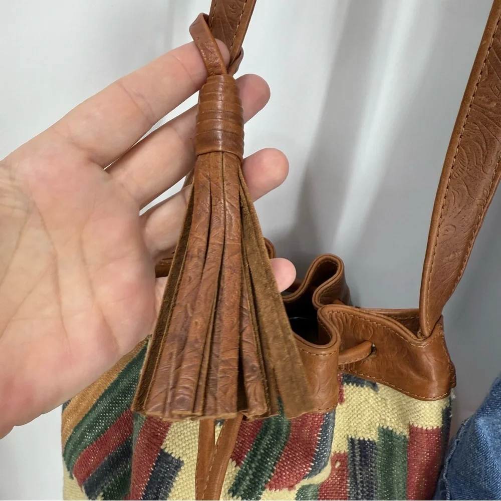Vintage embossed, leather strap /trim, bohemian Multicolor Patterned Bucket Bag